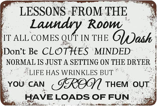 Laundry Room Lessons Metal Sign – Vintage Funny Laundry Quote Wall Decor by SKYOCEAN