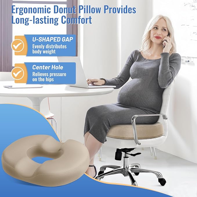 CloudBliss Donut Pillow Seat Cushion Chair Pad for Tailbone Pain Relief and Hemorrhoids, Memory Foam Seat Chair Cushion for Men and Women for Home & Office, (Khaki-XL)-DeskLoop Office