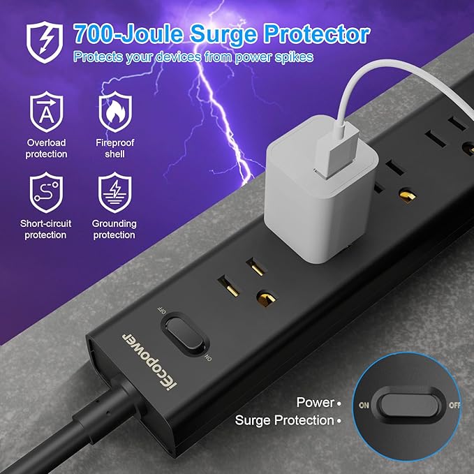 2 Pack Power Strip Surge Protector-5 Widely Spaced Outlets 3 USB Ports(1 USB C Port),1250W/10A with 5Ft Extension Cord, Power Strips with Surge Protection, Wall Mount for Home Office,Black-DeskLoop Office