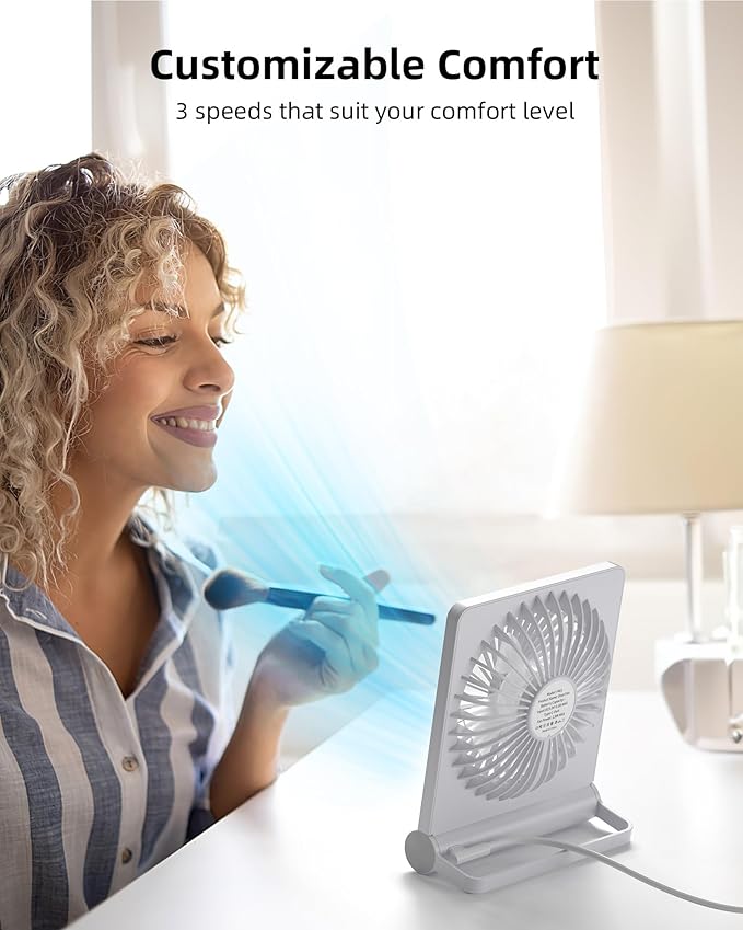 Koonie USB Fan, Strong Wind Quiet Small Desk Fan 220° Tilt Folding 3 Speeds - Image 6