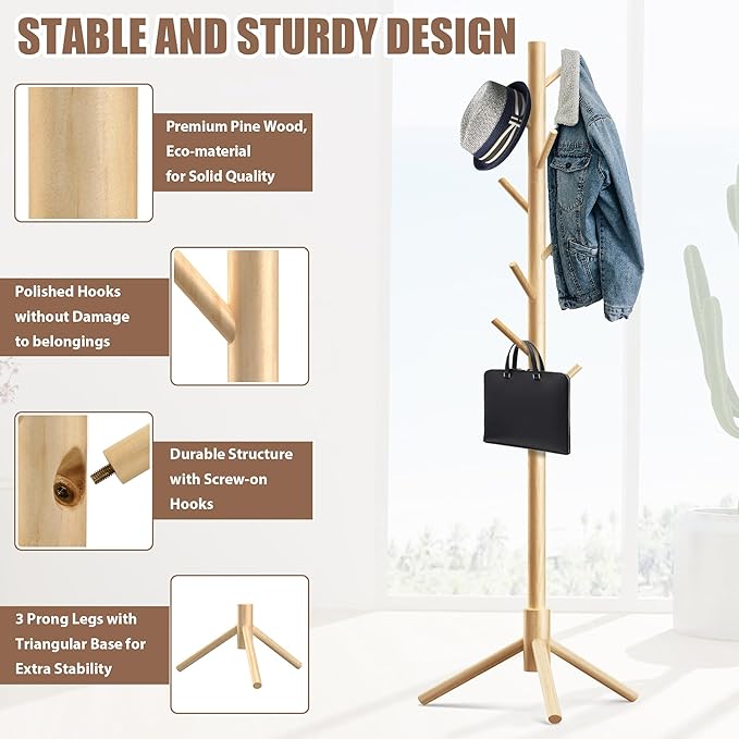Haddockway Wooden Coat Rack Stand with 8 Hooks New Zealand Pine 3 Adjustable Coat Standing Tree Easy Assembly for Coats, Hats, Scarves and Handbags for Entryway, Hallway, Bedroom, Office-DeskLoop Office