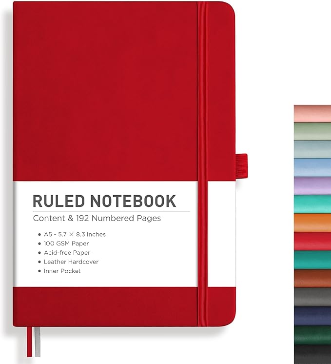 RETTACY Lined Journal Notebook, 192 Numbered Pages, A5 Medium Size (5.7'' x 8.3''), for Men & Women, Journaling, Writing, Work & Office, Leather Hardcover, 100 GSM Thick Paper (Red)-DeskLoop Office
