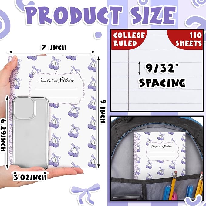 Fullhawl 6 Pack Composition Notebook College Ruled Bulk Light Purple Bow - Image 2