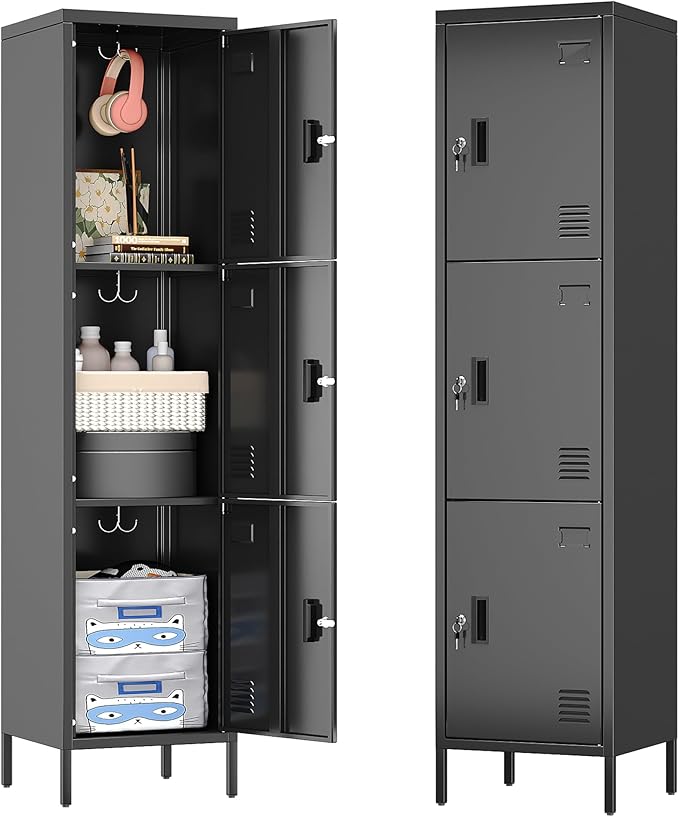 Aobabo 16" W 3 Door Metal Storage Locker with Lock, 66" H Steel Locker with Name Card Holder and Metal Hook for School, Home, Office, Playroom, Assembly Required, Black-DeskLoop Office