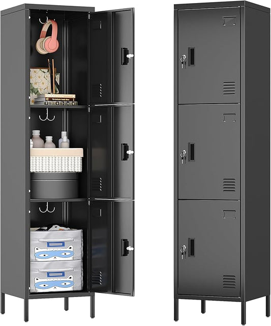 Aobabo 16" W 3 Door Metal Storage Locker with Lock, 66" H Steel Locker with Name Card Holder and Metal Hook for School, Home, Office, Playroom, Assembly Required, Black-DeskLoop Office