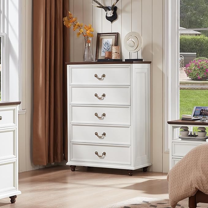 Farmhouse 5 Drawer Dresser for Bedroom, 45" Tall Rustic Chests of Drawers w/ 4 Solid Wood Feet, Mid Century Modern Wooden Closet Storage Dressers Organizer for Living Room, Hallway, White-DeskLoop Office