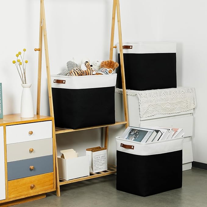 DULLEMELO Fabric Storage Baskets 3 Pack - 17x12x15 inch Large Foldable Fabric Organizer for Storage Decorative Storage Bins for Home,Closet(White&Black)-DeskLoop Office