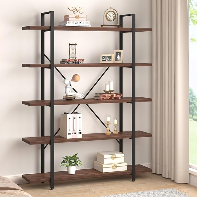 HSH Walnut 5 Tier Bookshelf, Tall Bookcases and Book Shelves 5 Shelf, Large Industrial Metal Wood Display Book Shelf Storage Rack, Rustic Open Bookcase Bookshelves for Bedroom Living Room Office-DeskLoop Office