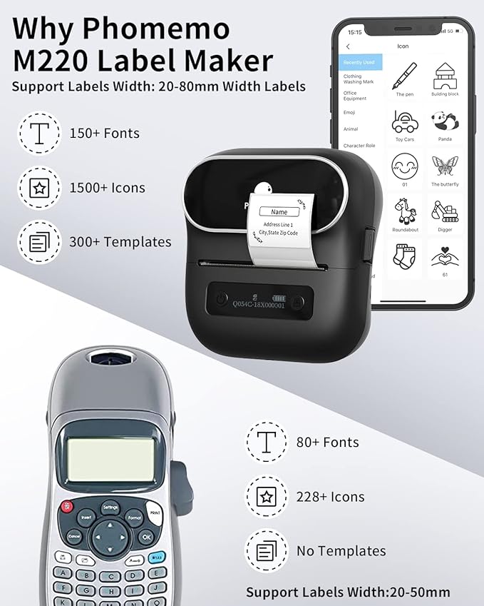 Phomemo Label Maker,M220 Label Printer,3 Inch Bluetooth Thermal Label Maker Machine with 2000+ Icons,300+ Templates & Fonts,for Kids School Items,Small Business,Large Sticker-DeskLoop Office