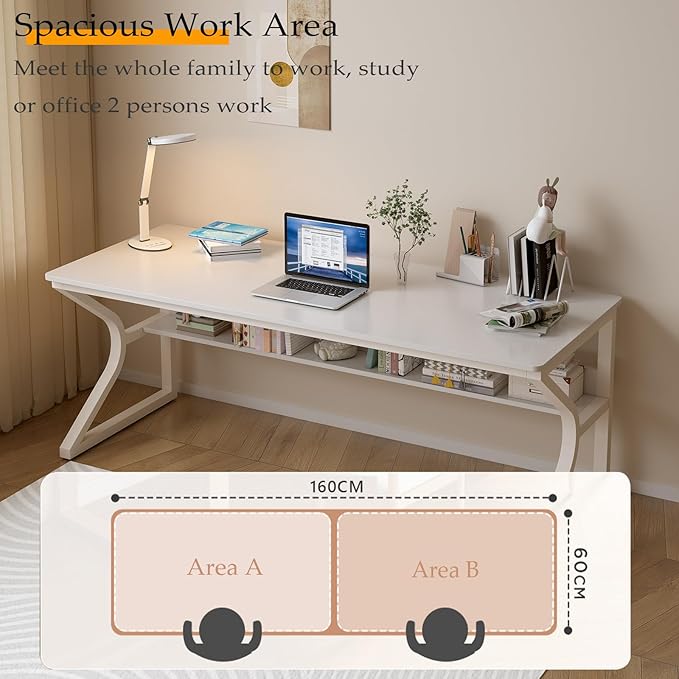 Extra Long Desk with Bookshelf - 63" Double Long Writing Table for 2-Person Workstation, Modern Study Work Computer Desk for Home and Office, Warm White-DeskLoop Office