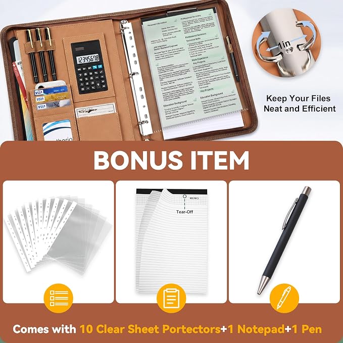 Leathario Portfolio Binder, Includes 5 Sheet Protectors and a Pen, 13 Inch - Image 2