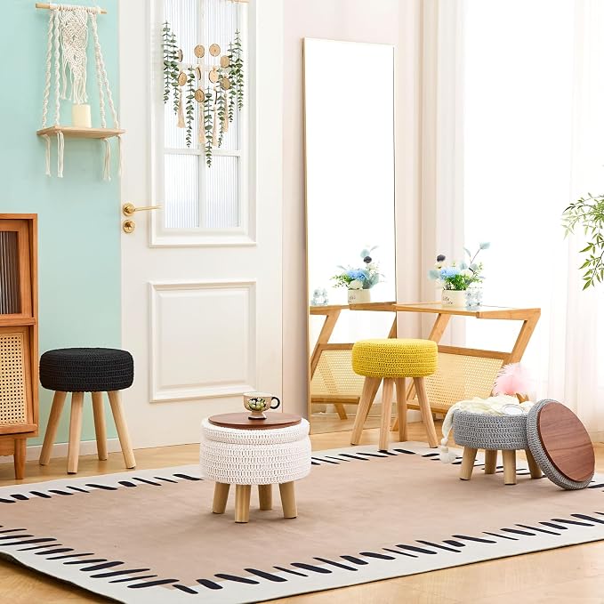 Wimarsbon Pouf Ottoman, 100% Cotton Knitted Boho Footstool, Round Footrest - Image 8