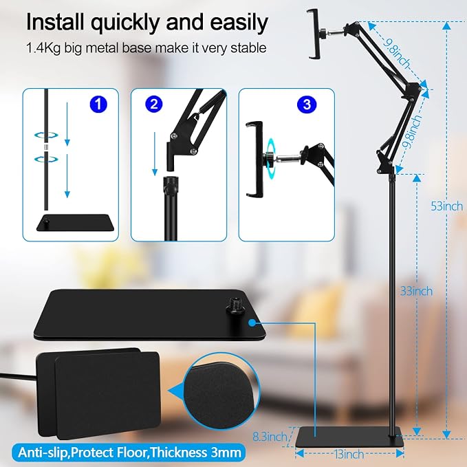 SAMHOUSING Tablet Floor Stand, Adjustable Universal 360-degree Rotatable Metal - Image 5
