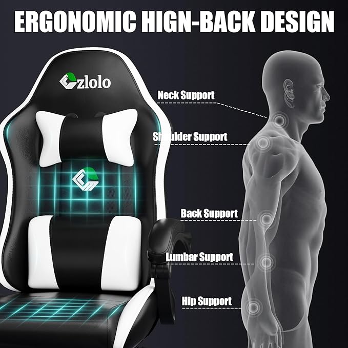 Gaming Chair, Ergonomic Office Computer Chair with Footrest and Lumbar Support Massager Racing Style High Back Video Gamer Chair, Wide＆Thick Cushion, 90°-135° Recline, Adjustable Height, White-DeskLoop Office