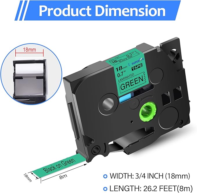 6PK Compatible for Brother P-Touch Label Maker Tape TZe-741 TZ-741 TZe741 TZ741 Black on Green 18mm 3/4 inch 0.7'' x 26.2ft Laminated TZe TZ Label Tape for PT-H500 PT-910BT PT-530 PT-550