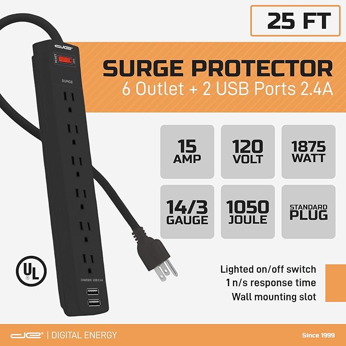 Digital Energy 6-Outlet + 2 USB 1050 Joule Surge Protector Power Strip with 25-Ft Long Extension Cord, Black, UL Listed-DeskLoop Office
