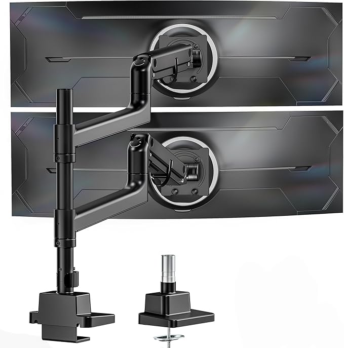 monTEK Dual Monitor Arm for up to 57" and 59.4 lbs Ultrawide Screen, Aluminum Heavy-Duty Gas Spring Vertical Stackable Curved Screen Adjustable Monitor Stand, 75/100mm Vesa Mount, Black-DeskLoop Office