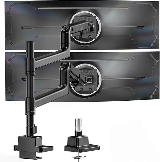 monTEK Dual Monitor Arm for up to 57" and 59.4 lbs Ultrawide Screen, Aluminum Heavy-Duty Gas Spring Vertical Stackable Curved Screen Adjustable Monitor Stand, 75/100mm Vesa Mount, Black-DeskLoop Office