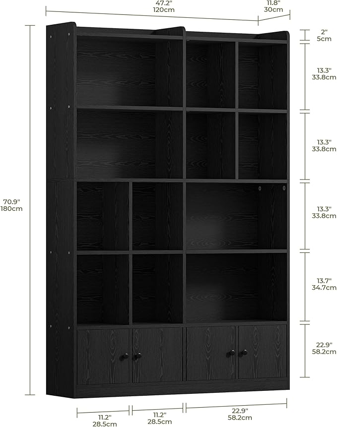 IRONCK Bookshelves and Bookcase, 6 Tiers Large Bookshelf with 4 Doors, Floor Standing Tall Display Storage Shelves for Home Office, Living Room, Bedroom, Black-DeskLoop Office