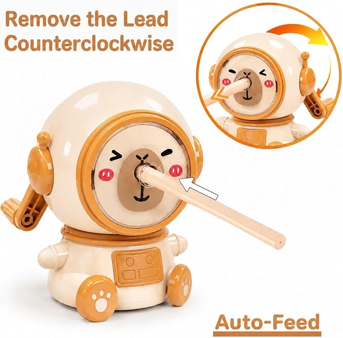Cute Capybara-Shaped Astronaut Manual Pencil Sharpener, Hand Crank Desktop - Image 5