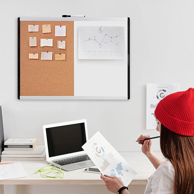 Amazon Basics Rectangular Magnetic Whiteboard & Cork Board Combo for Home, Office and Classroom, Plastic/Aluminum Frame, White,Yellow, 17" x 23"-DeskLoop Office