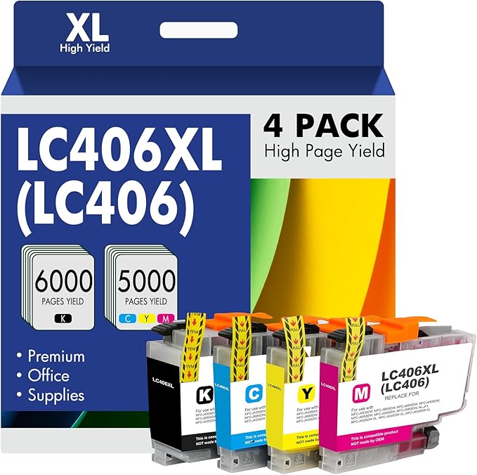 LC406 LC406XL Ink Cartridges for Brother Printer 406XL LC 406 XL for MFC-J4335DW MFC-J5855DW MFC-J6555DW MFC-J4535DW MFC-J6955DW MFC-J4345DW MFC-J5955DW - 4 Pack High Yields Black Cyan Magenta Yellow-DeskLoop Office