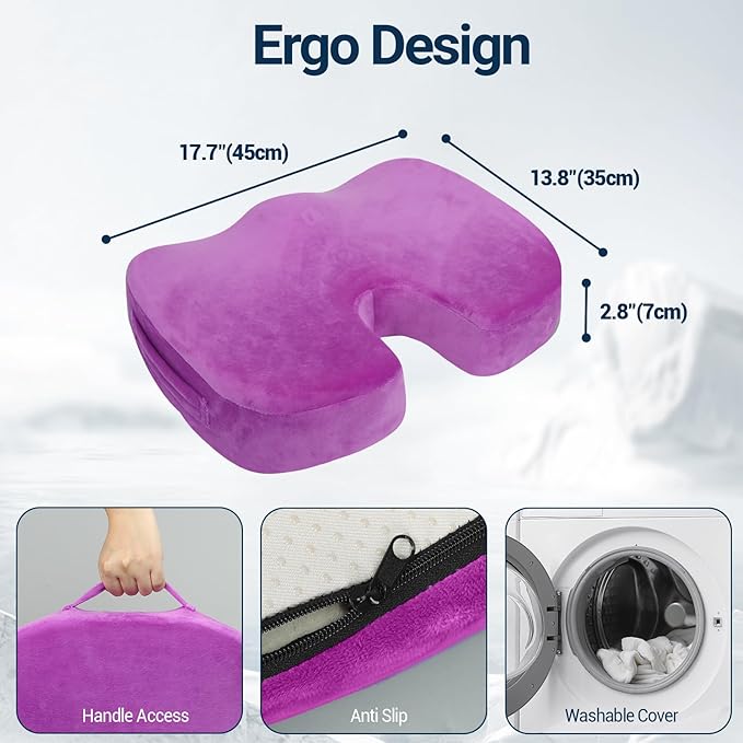 Gel Seat Cushion for Car Office - Memory Foam Pain Relief Chair Pillow Cushions - Tailbone Sciatica Coccyx Butt Lumbar Support Pad for Sitting Driving Traveling, Velvet, Purple-DeskLoop Office
