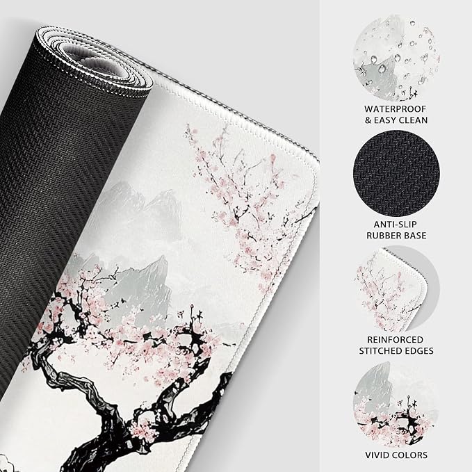 Japanese Black and White Cherry Blossoms Large Gaming Mouse Pad 31.5"x15.7"｜XXL - Image 6