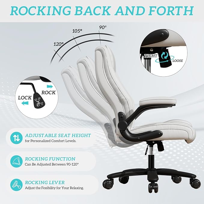 GYI O205P High Back Executive Office Chair, Big and Tall Office Chair 400LBS with Rubber Wheels,Ergonomic Adjustable Computer Desk Chairs with Padded Flip-up Armrests,Lumbar Support (White)-DeskLoop Office