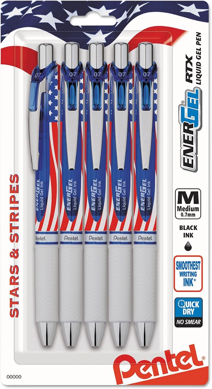 Pentel EnerGel RTX, Stars & Stripes Liquid Gel Pens, 5 pack by PentelofAmerica