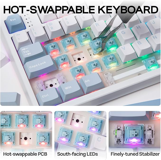 EPOMAKER TH108 Full Size Mechanical Keyboard, Wireless Gaming Keyboard with 8000mAh Battery, Creamy Gasket, 108 Keys, Hot Swap, Custom Driver, RGB Backlight (Blue&White, Sea Salt Silent)-DeskLoop Office