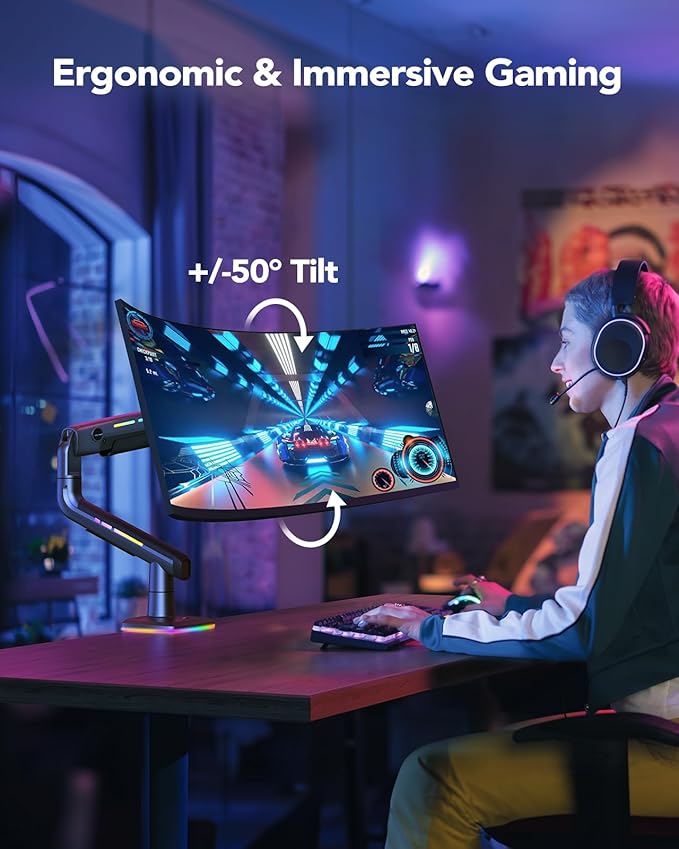HUANUO RGB Monitor Arm for Ultrawide Screens up to 57″, Heavy-Duty Single Mount Holds 44 lbs, Fully Adjustable Gaming Monitor Arm with C-Clamp & Grommet Base, Max VESA 100 x 100mm-DeskLoop Office