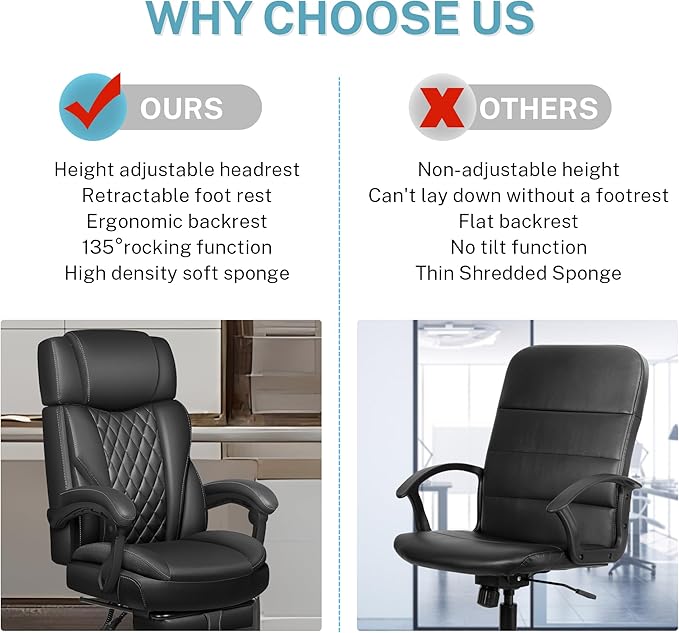 Executive Leather Office Chair, Big and Tall Office Chair with Footrest Home Office Desk Chairs, Ergonomic Computer Desk Chair with Lumbar Support, Reclining Desk Chair with Adjustable Angle-DeskLoop Office