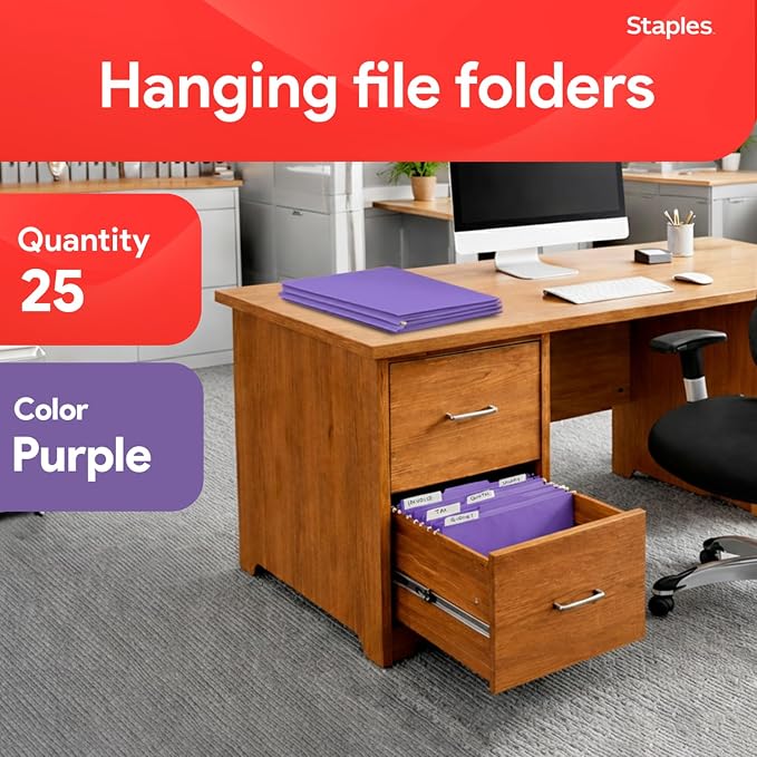 Staples Hanging File Folders, Letter Size, 1/5‑Cut Tabs, Tear‑Resistant - Image 2