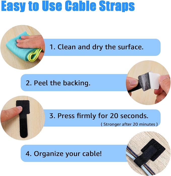 80PCS Hook and Loop Cable Ties, Under Desk Cable Management, Adhesive Cable - Image 6