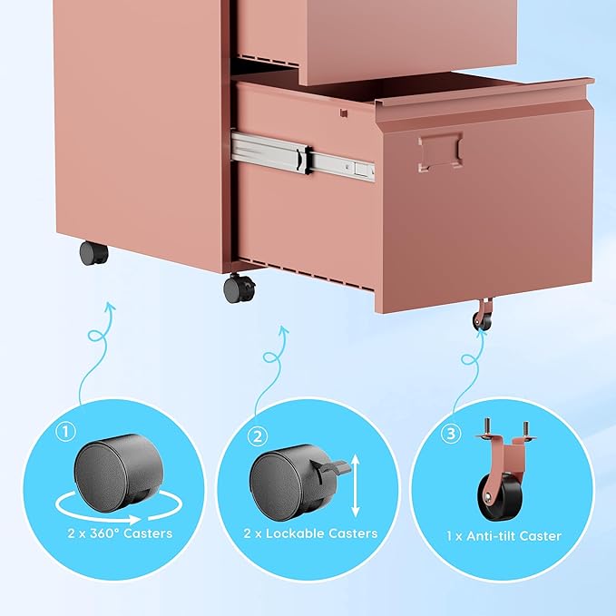 2 Drawer Mobile File Cabinet with Lock,Under Desk Metal Filing Cabinets for Home Office Fits Letters/Legal/A4 Size Folder, Assembly Required, Pink