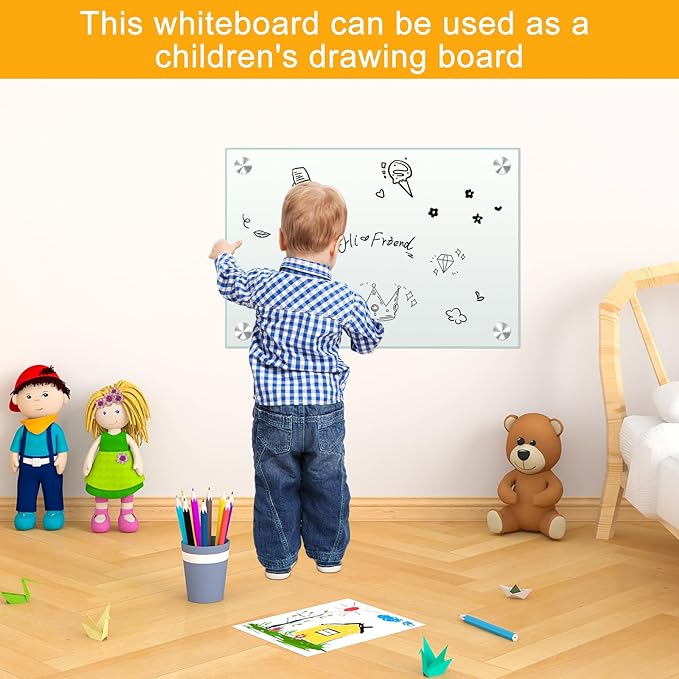 H-Qprobd White Board 24”x18“ Magnet Dry Erase Boards Frameless Magnetic Glass Whiteboard for Wall, Wall Mounted Whiteboard Includes 12 Magnets, 8 Markers and 2 Erasers-DeskLoop Office