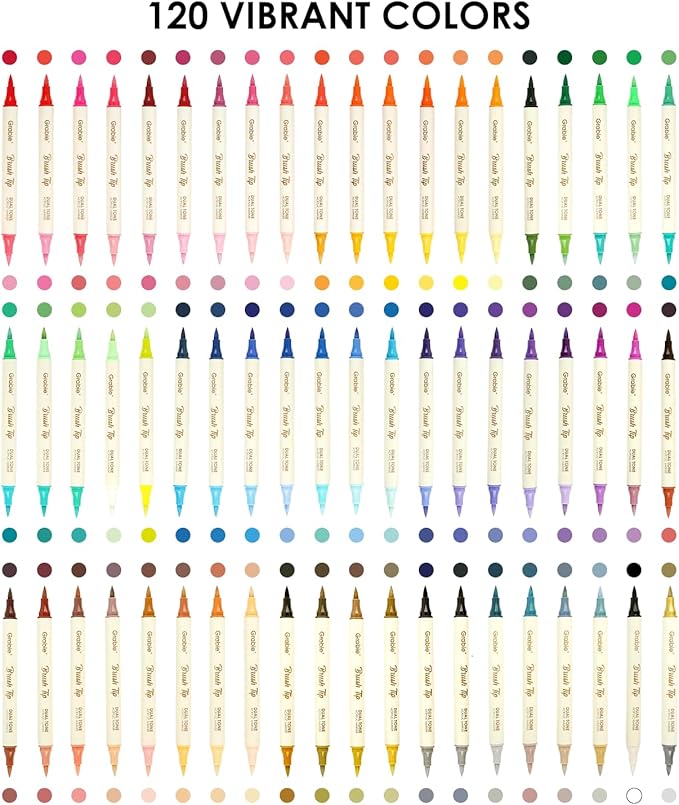 Grabie 120 Colors Dual Tone Brush Tip Acrylic Markers, Dual-Color Paint Markers with 60 Brush Tips, Double Tipped Acrylic Paint Pens for Fabric, Canvas,DIY, Canvas Art Supplies-DeskLoop Office