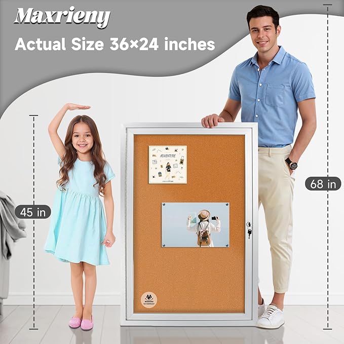 Lockable Outdoor Enclosed Bulletin Board, Weatherproof Cork Noticeboard with Locking Door, Wall-Mounted Aluminum Framed Display Case for Messages,36x24in (5xA4)-DeskLoop Office