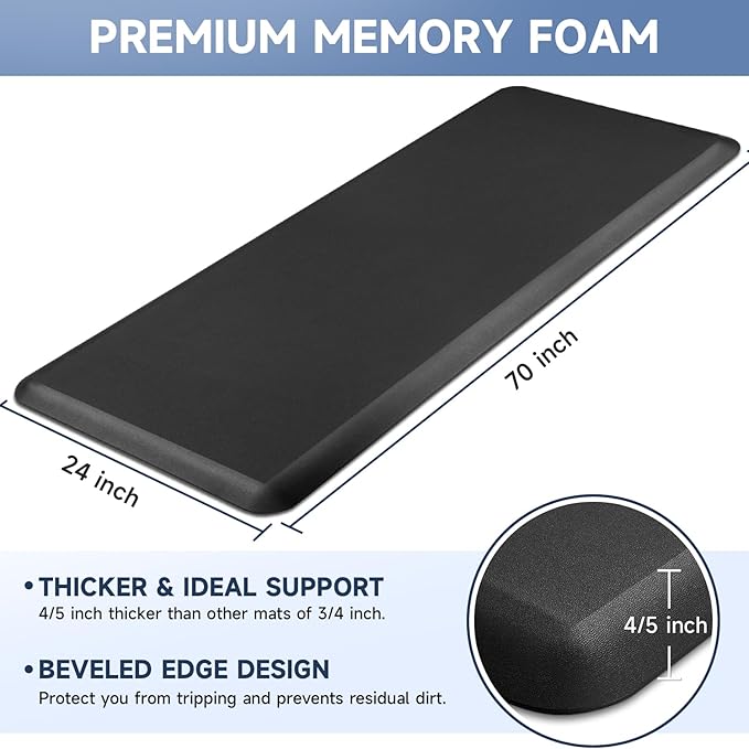 4/5 Inch Thick Kitchen Mats for Floor, StepRite Kitchen Rug for Standing Desk, Non-Slip, Thicker, Stain Resistant, Waterproof, Comfort Anti Fatigue Floor Mat for Home, Kitchen, Office - Black,70*24''-DeskLoop Office