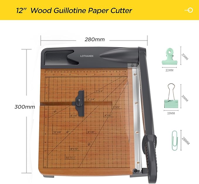12'' Wood Guillotine Paper Cutter, Heavy Duty Wood Base Paper Trimmer with 32 Sheets Capacity Paper Cutting Board for Classroom, Crafting, Cardstock, Art Projects-DeskLoop Office