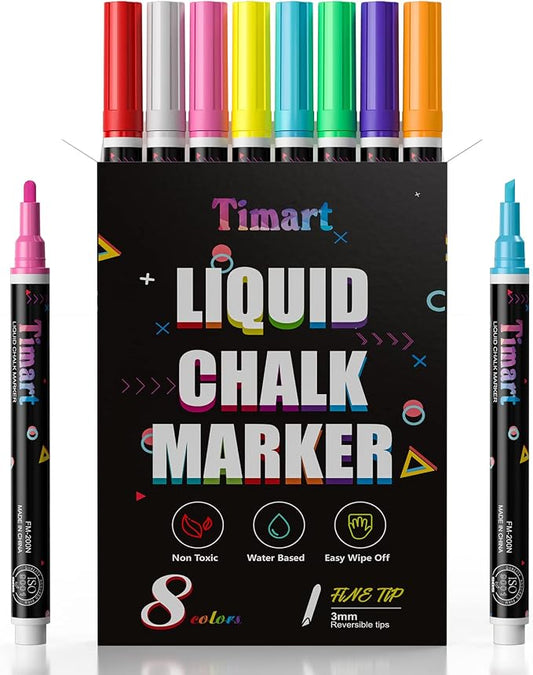 Timart Liquid Chalk Markers, 3mm Fine Tip Chalk Pens, 8 Colors Washable Window by Timart