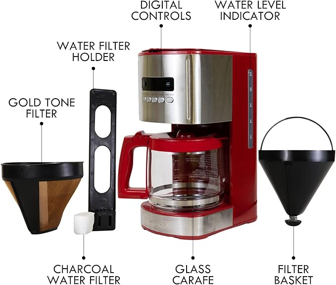 Kenmore Drip Coffee Maker - 12 Cup Programmable Cafe Machine With Glass Pot, Regular & Bold Brew, Auto Shut Off Large Water Reservoir, Reusable Filter, Kitchen Appliances For Cafeteria Barista, Red-DeskLoop Office