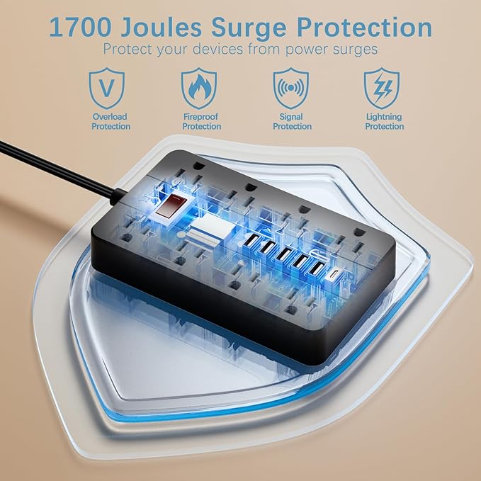 15 Ft Long Extension Cord Power Strip Surge Protector, HUNIAN Flat Plug with 8 Widely Spaced Outlets 6 USB, Wall Mount Charging Station for Home and Office, Black-DeskLoop Office