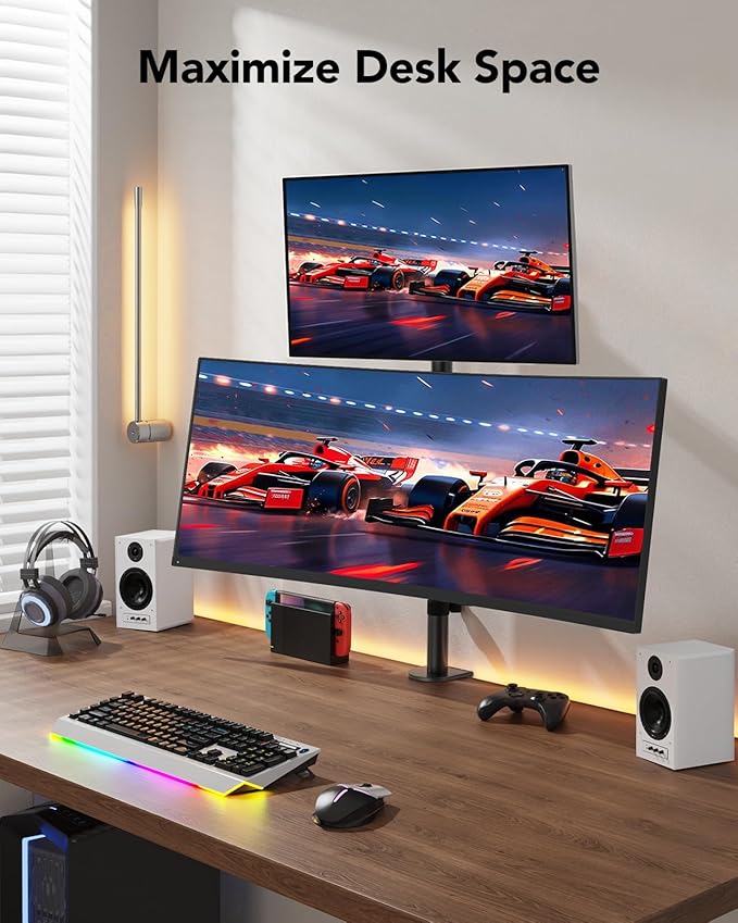 HUANUO Vertical Dual Monitor Mount, Stacked Monitor Stand for 2 Monitors with Height Adjustment Computer Monitor Arm Supports Two 17 to 32 Inch with C Clamp Each Desk Mount Hold up to 17.6lbs-DeskLoop Office