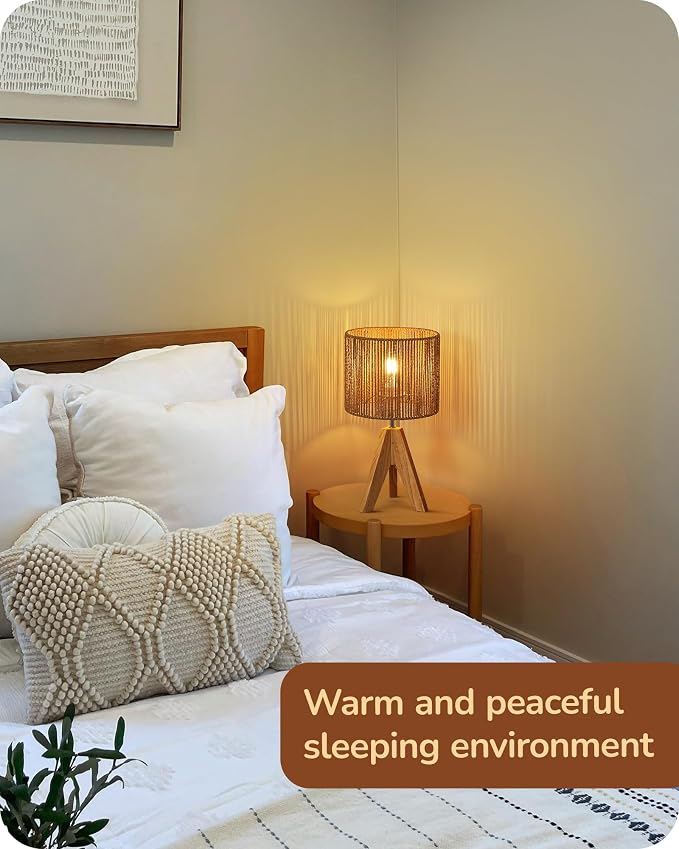EDISHINE Small Rattan Table Lamp, Wood Tripod Bedside Lamp, Boho Nightstand Lamp - Image 6
