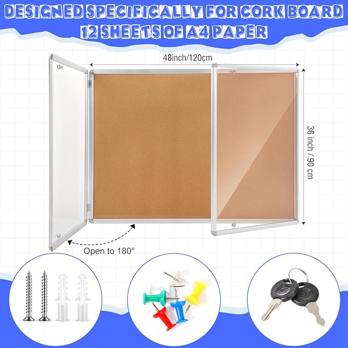 Enclosed Bulletin Board 48" x 36" Weather Resistant Lockable Notice Cork Display Board Wall Mounted 2 Locking Door for School Classroom Commercial Back to School, 12 x A4(Brown, Silver Frame)-DeskLoop Office
