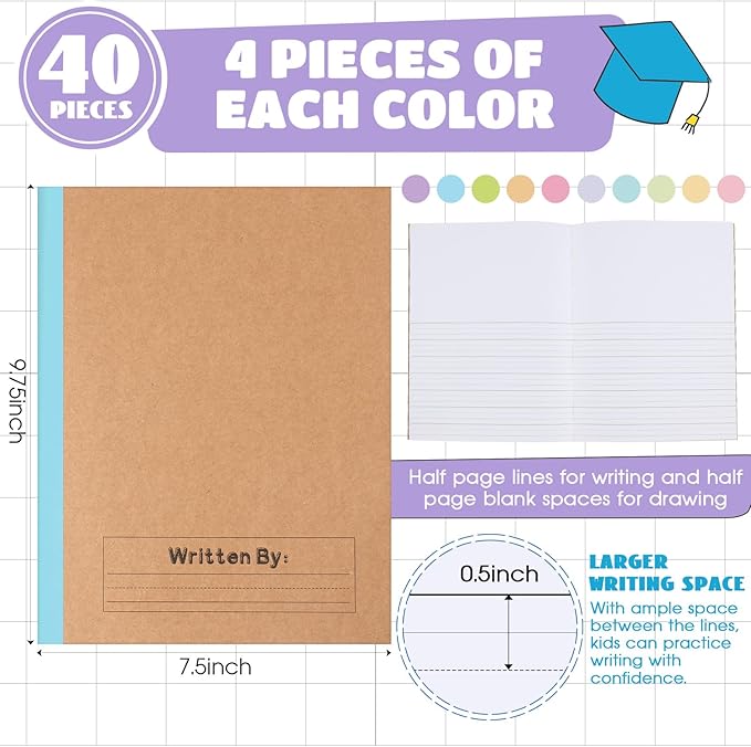 Henoyso 40 Pcs Primary Composition Notebook 9 3/4 x 7 1/2 Inch Kids Journal, Back to School Supplies, K-2 Primary Writing Notebook for Kids Student Draw and Write Story Journal (Colorful Macaron)-DeskLoop Office