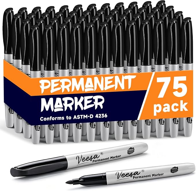 VEESA Black Permanent Markers, 75 Pack, Fine Tip | Waterproof, Quick Drying by VEESA