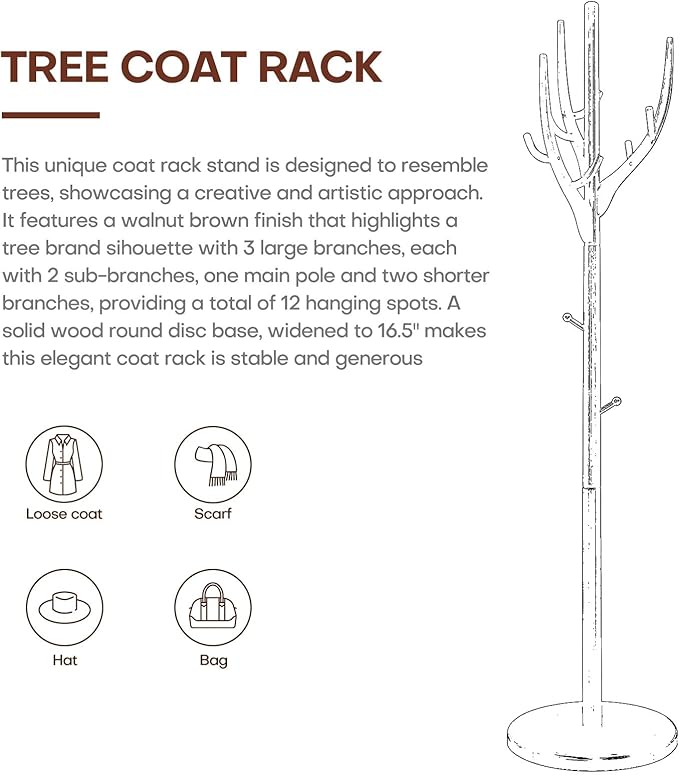 Wood Coat Rack, Coat Tree Freestanding Wooden Coat Rack Stand with 12 Hooks, Heavy Duty Hall Tree Coat Hat Stand with Sturdy Base, Free Standing Coat Racks for Entryway, Bedroom, Brown-DeskLoop Office
